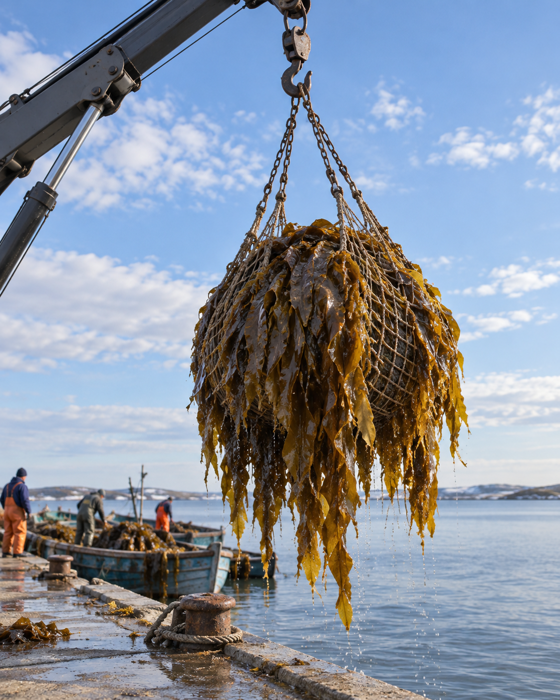 Кран выгружает морские водоросли из лодки